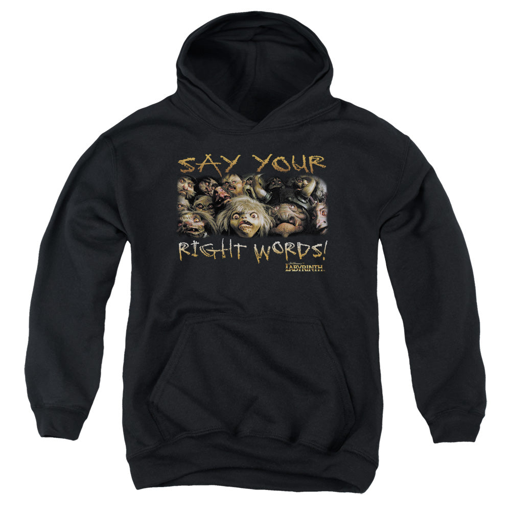 AN OFFCIALLY LICENSED LABYRINTH SAY YOUR RIGHT WORDS YOUTH HOODIE BLACK
