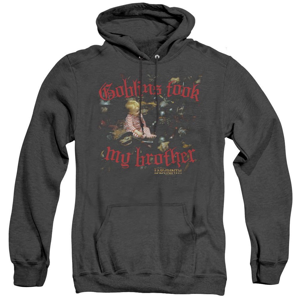 AN OFFCIALLY LICENSED LABYRINTH GOBLINS TOOK MY BROTHER ADULT UNISEX HEATHER PULLOVER HOODIE BLACK