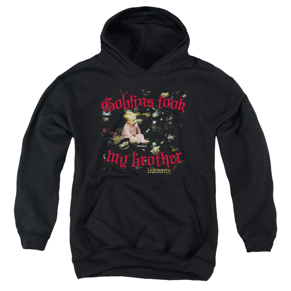AN OFFCIALLY LICENSED LABYRINTH GOBLINS TOOK MY BROTHER YOUTH HOODIE BLACK