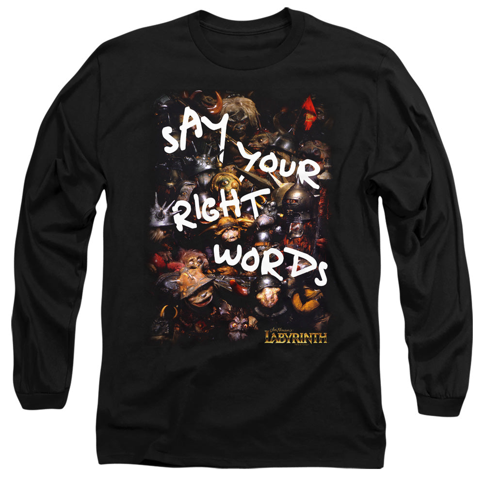 AN OFFCIALLY LICENSED LABYRINTH RIGHT WORDS MEN'S LONG SLEEVE T-SHIRT BLACK