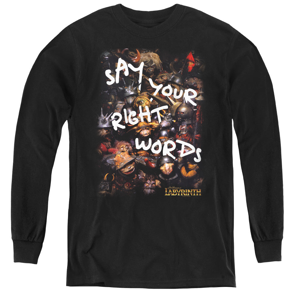 AN OFFCIALLY LICENSED LABYRINTH RIGHT WORDS YOUTH LONG SLEEVE T-SHIRT BLACK
