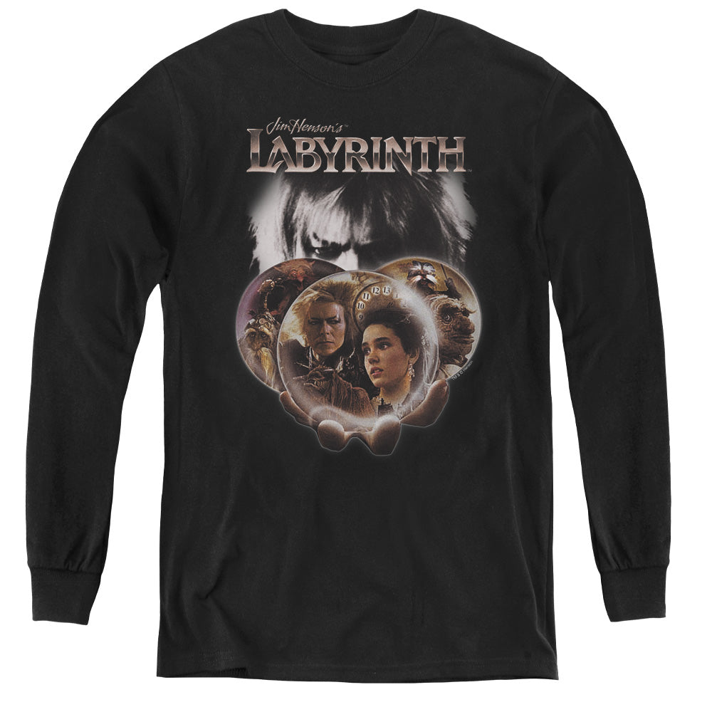 AN OFFCIALLY LICENSED LABYRINTH GLOBES YOUTH LONG SLEEVE T-SHIRT BLACK