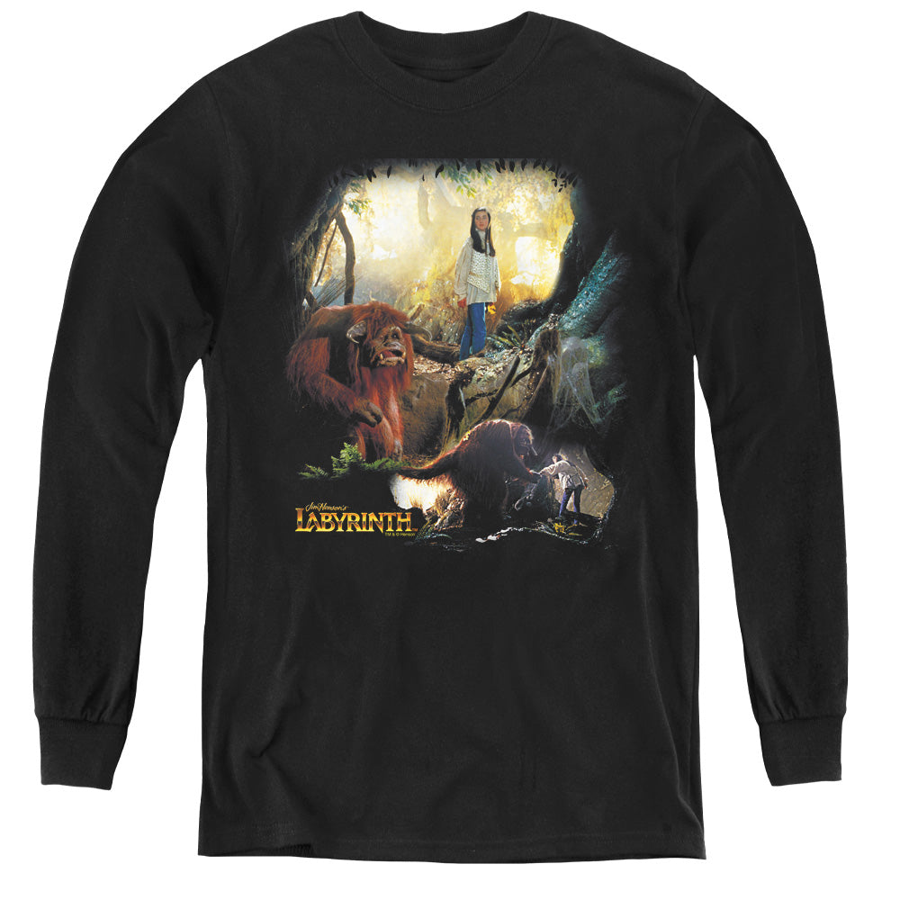 AN OFFCIALLY LICENSED LABYRINTH SARAH & LUDO YOUTH LONG SLEEVE T-SHIRT BLACK