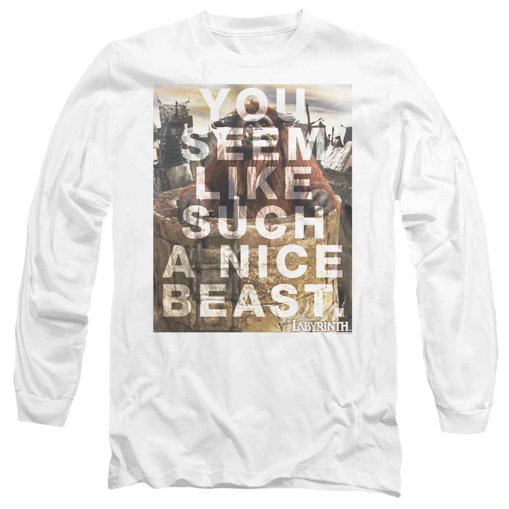 AN OFFCIALLY LICENSED LABYRINTH NICE BEAST MEN'S LONG SLEEVE T-SHIRT WHITE