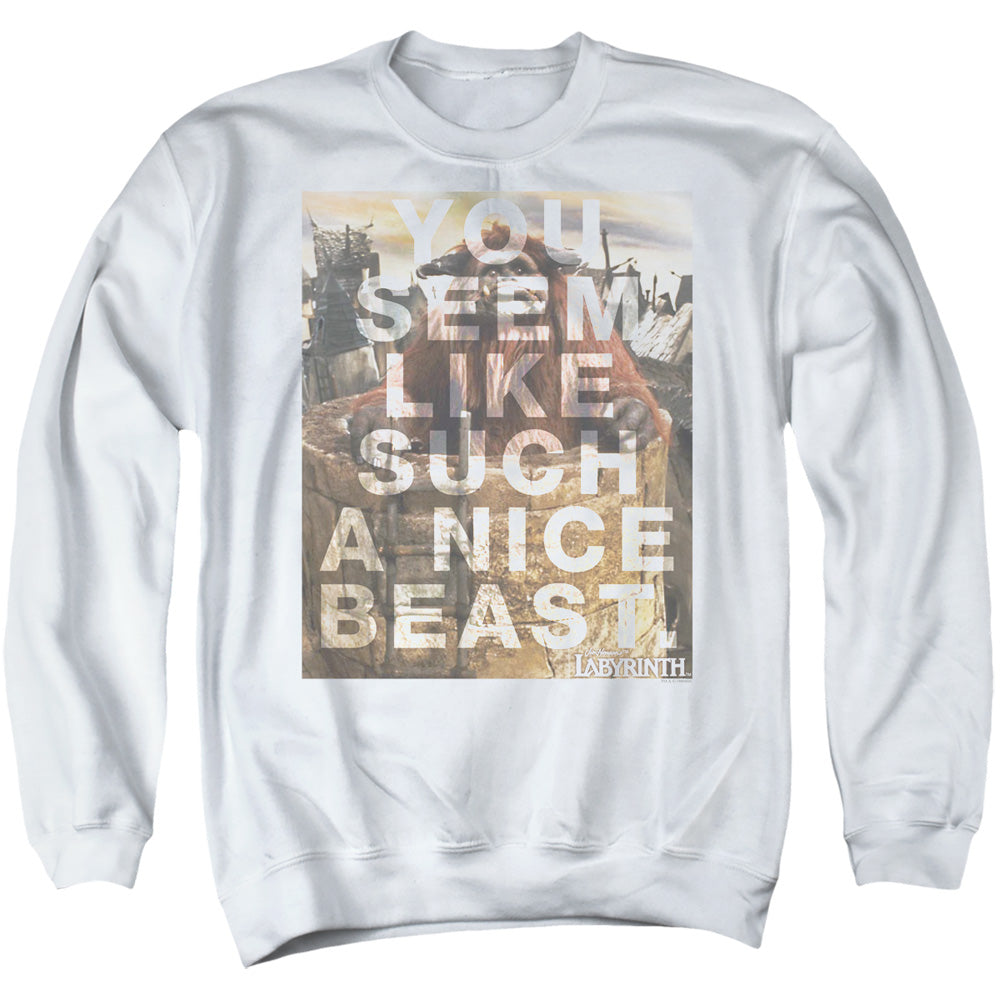 AN OFFCIALLY LICENSED LABYRINTH NICE BEAST ADULT UNISEX CREWNECK SWEATSHIRT WHITE