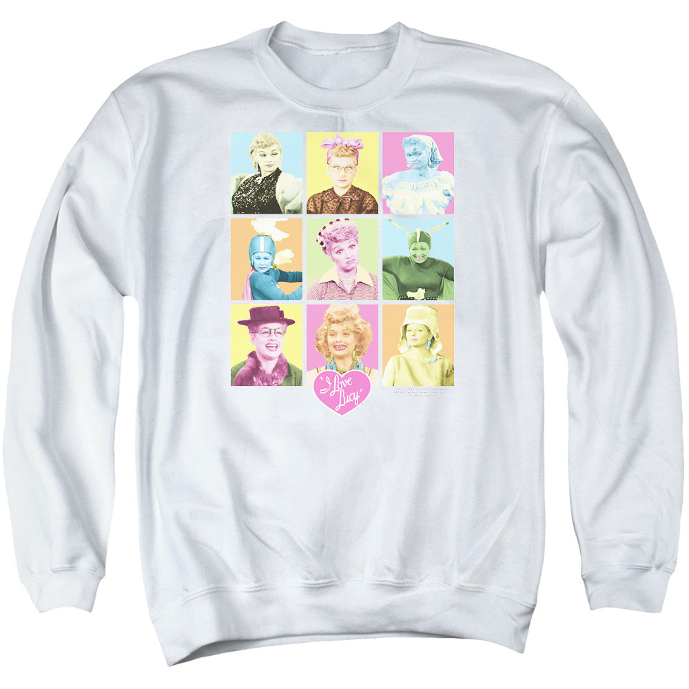 AN OFFCIALLY LICENSED I LOVE LUCY SO MANY FACES ADULT UNISEX CREWNECK SWEATSHIRT WHITE