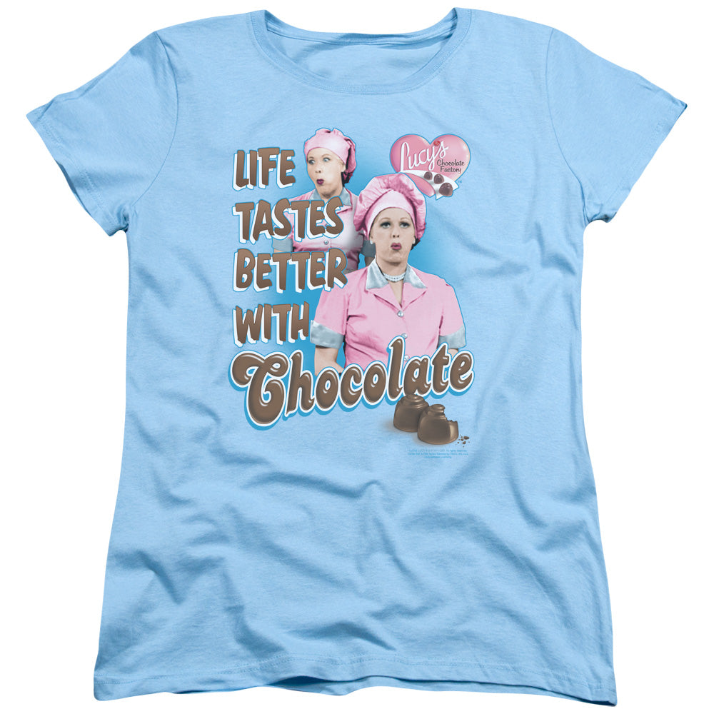 AN OFFCIALLY LICENSED I LOVE LUCY BETTER WITH CHOCOLATE WOMEN'S REGULAR FIT T-SHIRT LIGHT BLUE