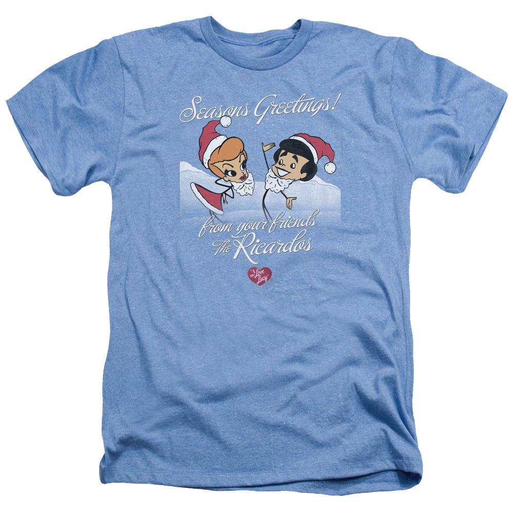 AN OFFCIALLY LICENSED I LOVE LUCY ANIMATED CHRISTMAS MEN'S HEATHER T-SHIRT LIGHT BLUE