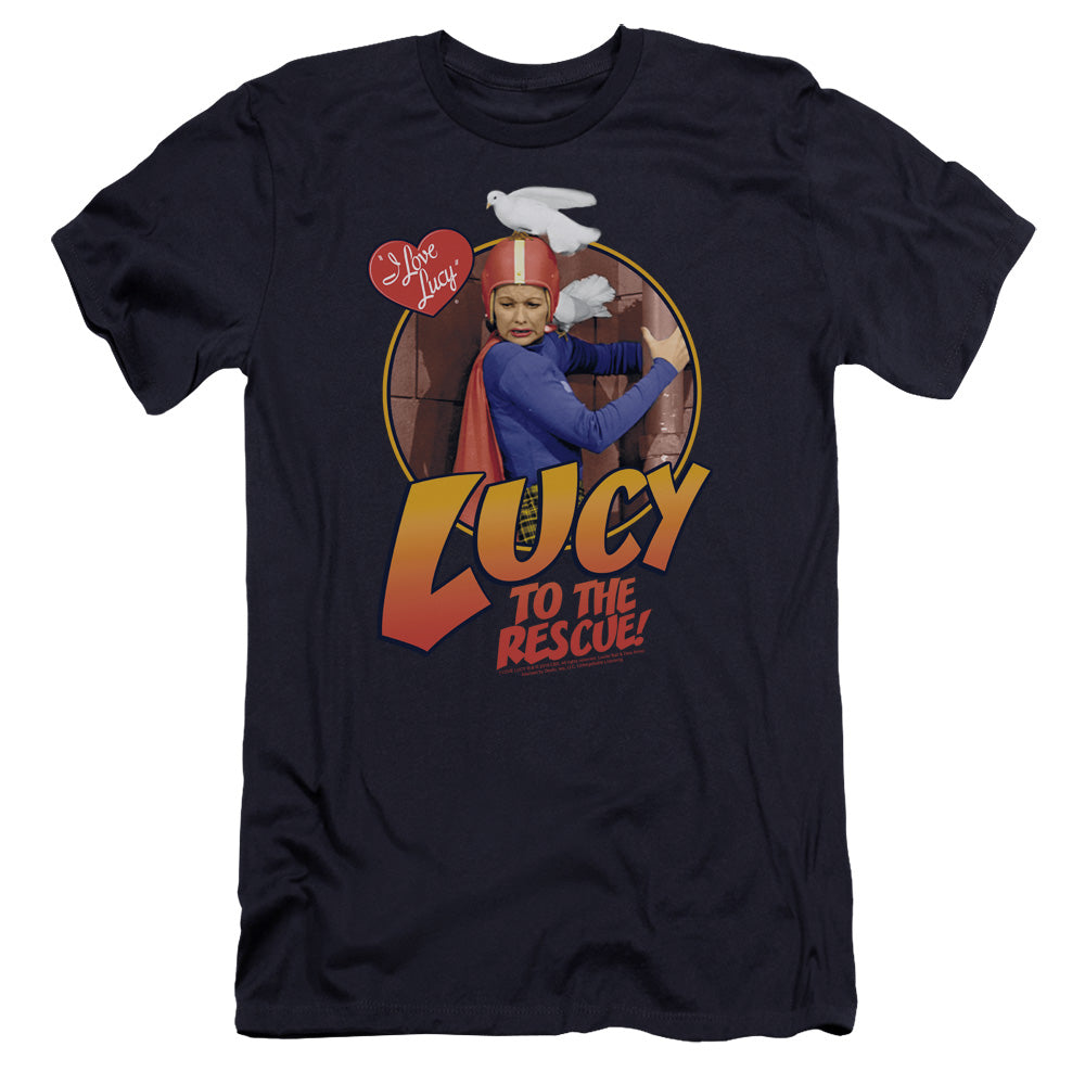 AN OFFCIALLY LICENSED I LOVE LUCY TO THE RESCUE MEN'S PREMIUM SLIM FIT T-SHIRT NAVY