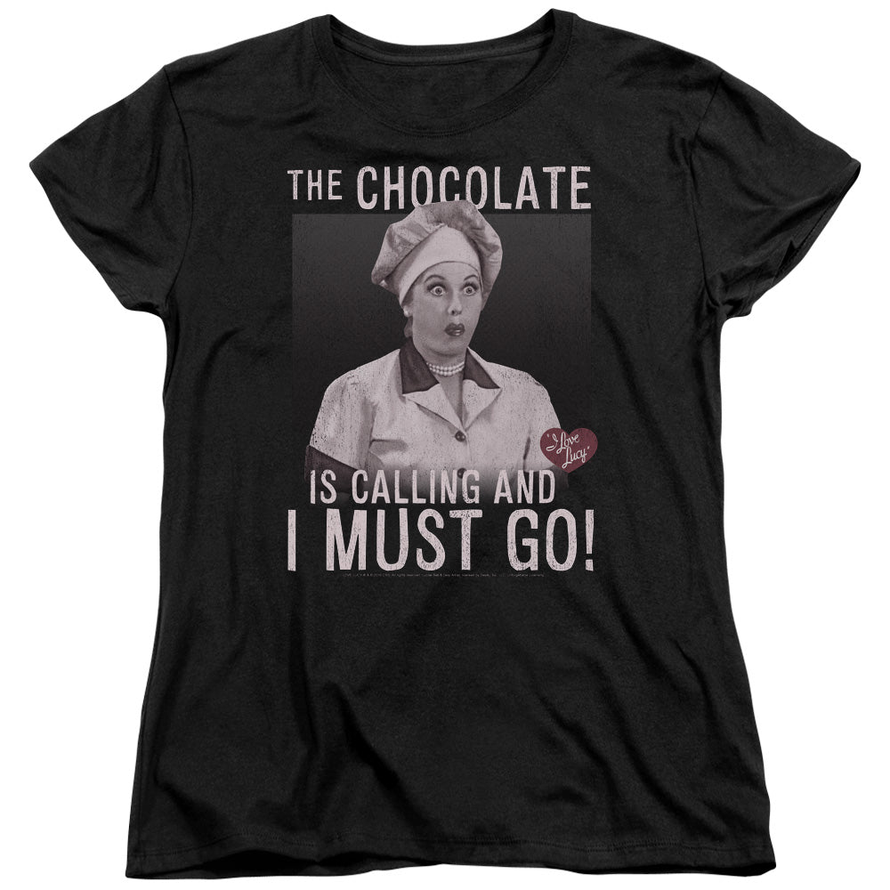 AN OFFCIALLY LICENSED I LOVE LUCY CHOCOLATE CALLING WOMEN'S REGULAR FIT T-SHIRT BLACK