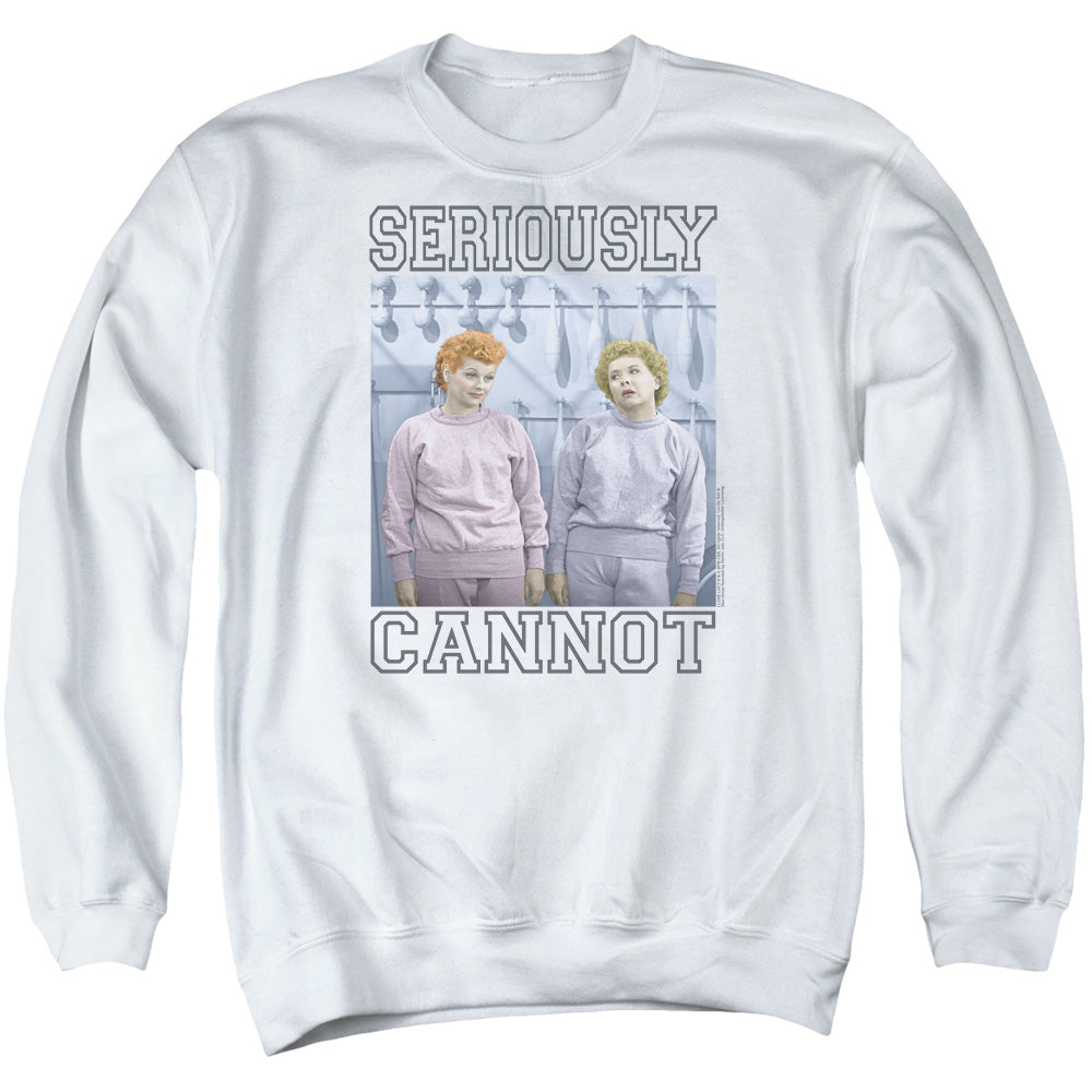 AN OFFCIALLY LICENSED I LOVE LUCY SERIOUSLY CANNOT ADULT UNISEX CREWNECK SWEATSHIRT WHITE