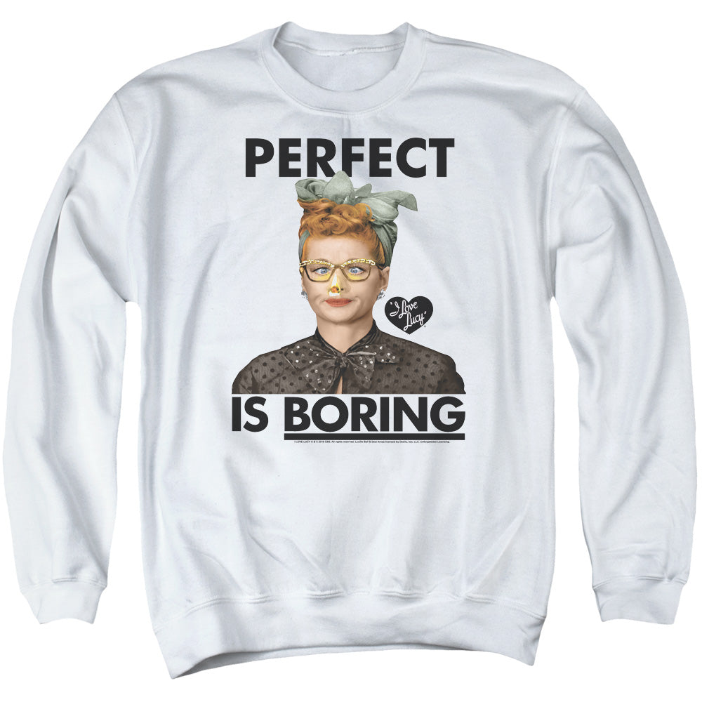 AN OFFCIALLY LICENSED I LOVE LUCY PERFECT IS BORING ADULT UNISEX CREWNECK SWEATSHIRT WHITE