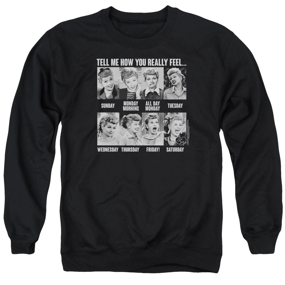 AN OFFCIALLY LICENSED I LOVE LUCY 8 DAYS A WEEK ADULT UNISEX CREWNECK SWEATSHIRT BLACK