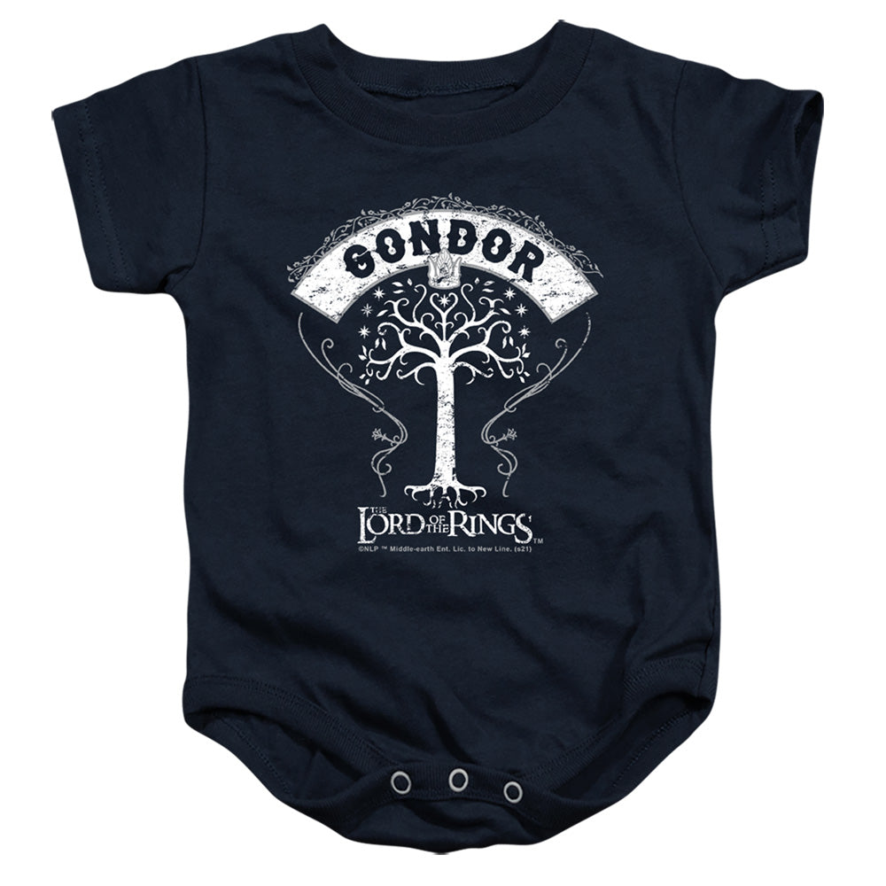 AN OFFCIALLY LICENSED LORD OF THE RINGS TREE OF GONDOR BABY BODYSUIT NAVY