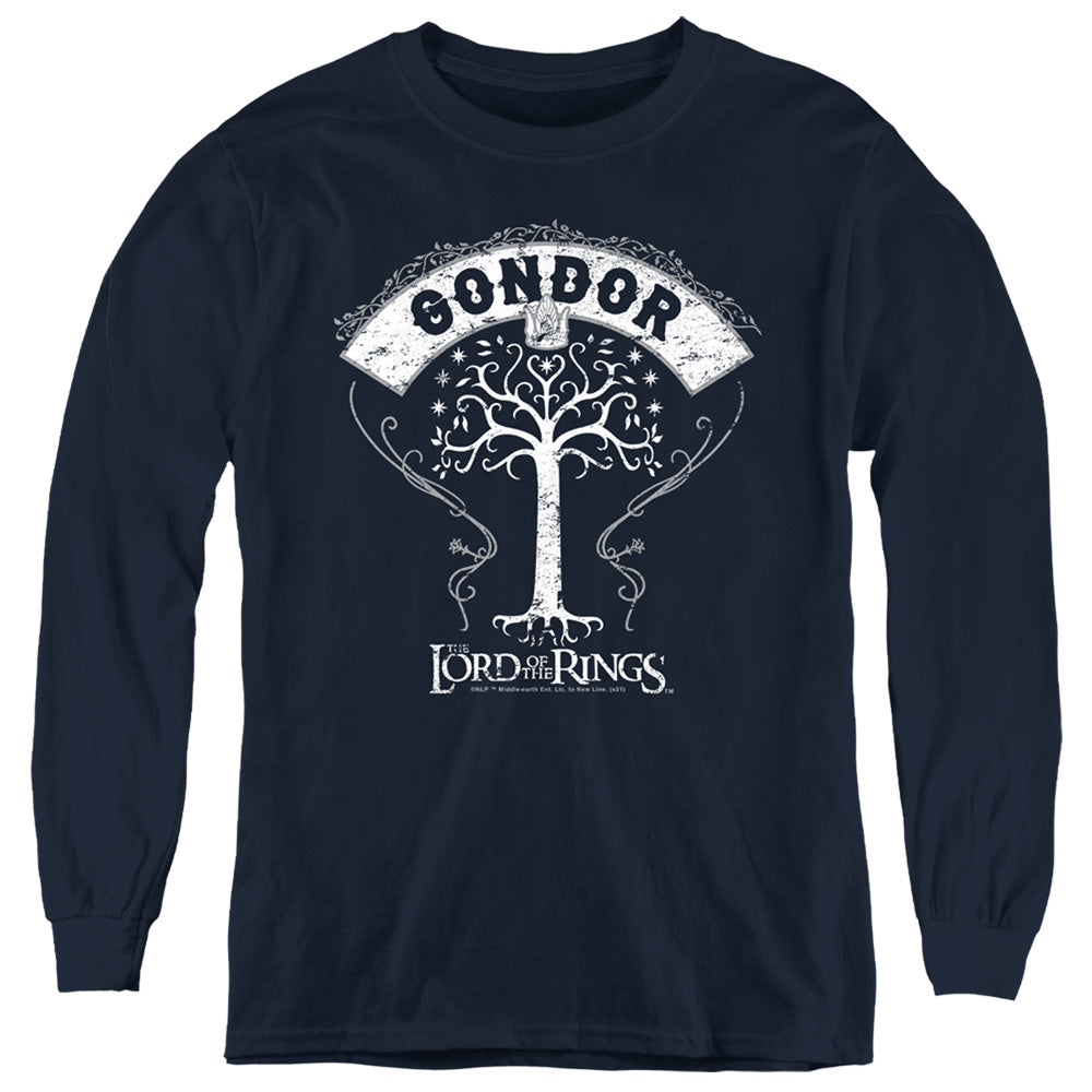 AN OFFCIALLY LICENSED LORD OF THE RINGS TREE OF GONDOR YOUTH LONG SLEEVE T-SHIRT NAVY