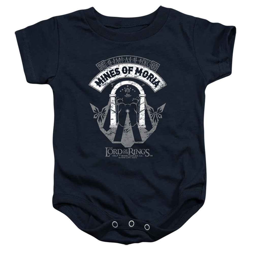 AN OFFCIALLY LICENSED LORD OF THE RINGS MINES OF MORIA BABY BODYSUIT NAVY