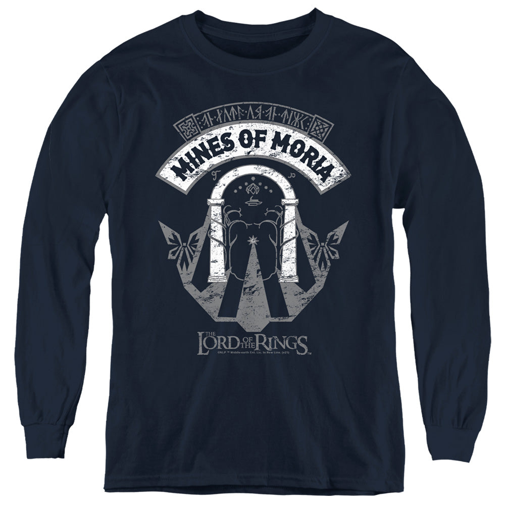 AN OFFCIALLY LICENSED LORD OF THE RINGS MINES OF MORIA YOUTH LONG SLEEVE T-SHIRT NAVY