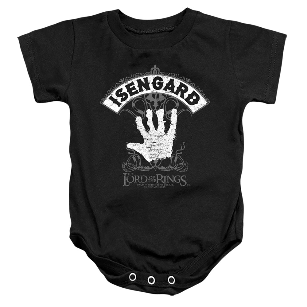 AN OFFCIALLY LICENSED LORD OF THE RINGS ISENGARD BABY BODYSUIT BLACK