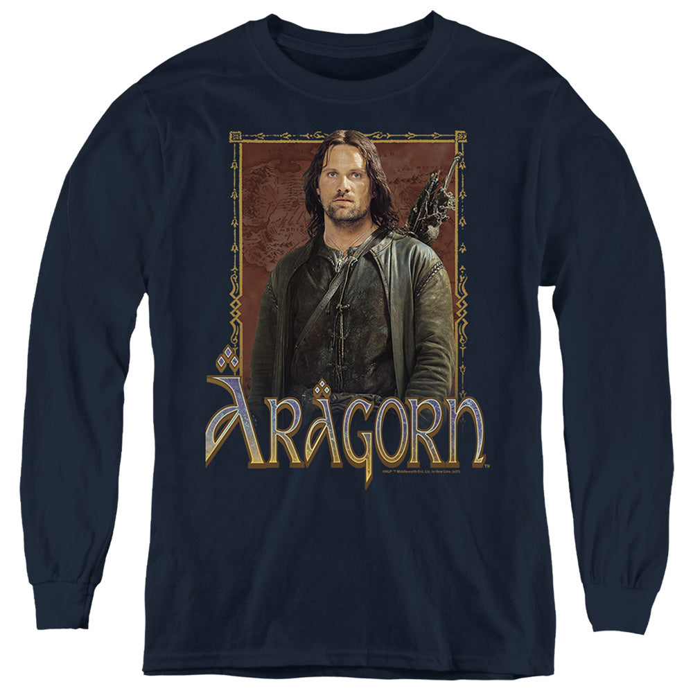 AN OFFCIALLY LICENSED LORD OF THE RINGS ARAGORN YOUTH LONG SLEEVE T-SHIRT NAVY