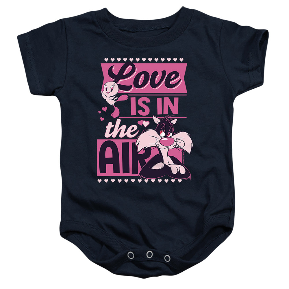 AN OFFCIALLY LICENSED LOONEY TUNES VALENTINE'S DAY TWEETY SYLVESTER LOVE IN THE AIR BABY BODYSUIT NAVY