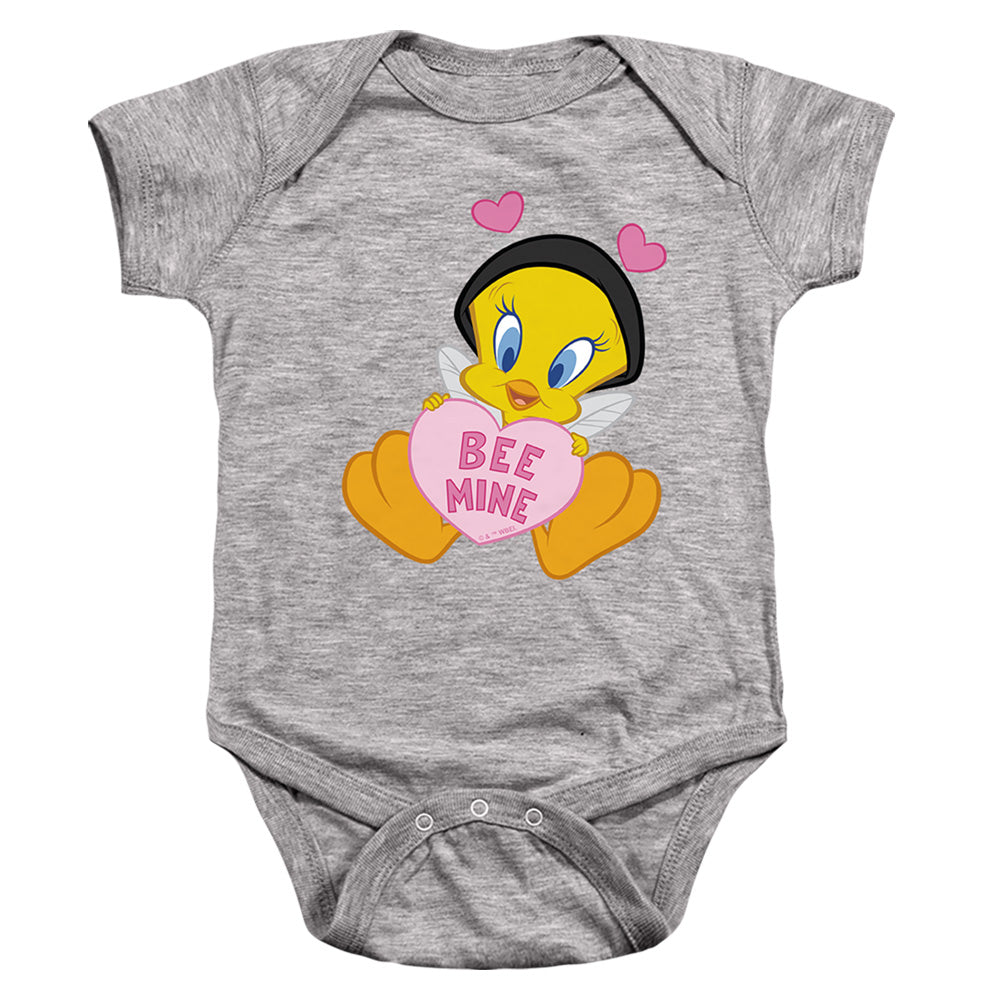 AN OFFCIALLY LICENSED LOONEY TUNES VALENTINE'S DAY TWEETY BEE MINE BABY BODYSUIT ATHLETIC HEATHER