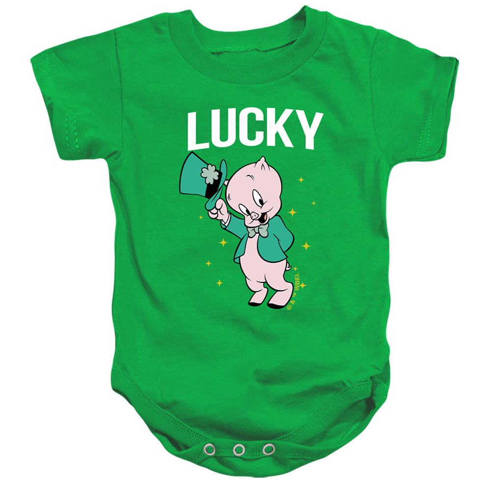 AN OFFCIALLY LICENSED LOONEY TUNES PORKY PIG ST. PATRICK'S LUCKY BABY BODYSUIT KELLY GREEN