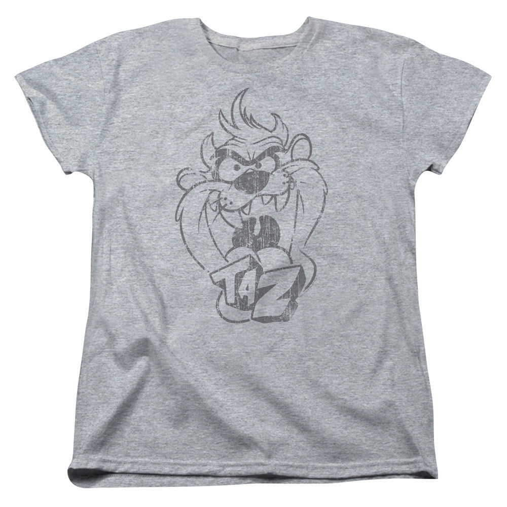 AN OFFCIALLY LICENSED LOONEY TUNES FADED TAZ WOMEN'S REGULAR FIT T-SHIRT ATHLETIC HEATHER