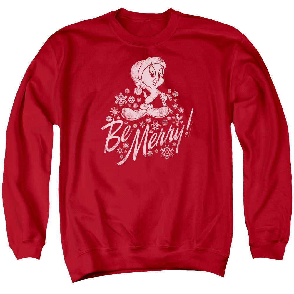 AN OFFCIALLY LICENSED LOONEY TUNES MERRY TWEETY ADULT UNISEX CREWNECK SWEATSHIRT RED