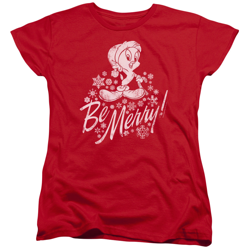 AN OFFCIALLY LICENSED LOONEY TUNES MERRY TWEETY WOMEN'S REGULAR FIT T-SHIRT RED