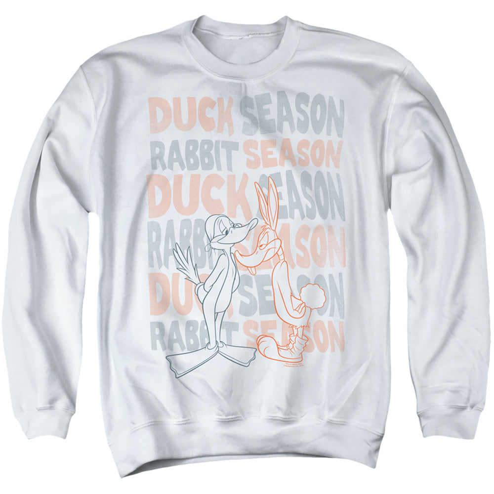 AN OFFCIALLY LICENSED LOONEY TUNES DUCK SEASON RABBIT SEASON ADULT UNISEX CREWNECK SWEATSHIRT WHITE