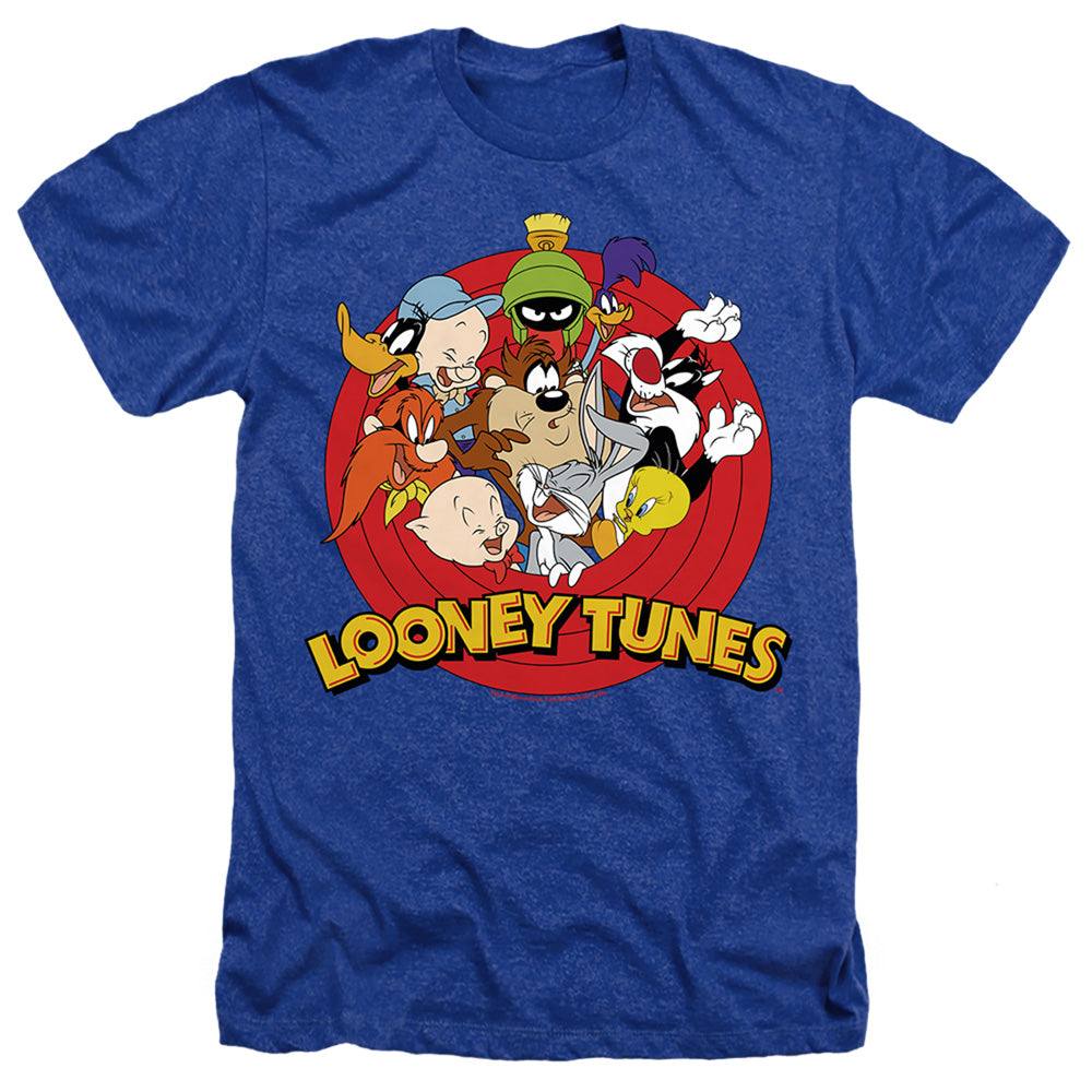 AN OFFCIALLY LICENSED LOONEY TUNES SMALLER GROUP LOGO MEN'S HEATHER T-SHIRT ROYAL