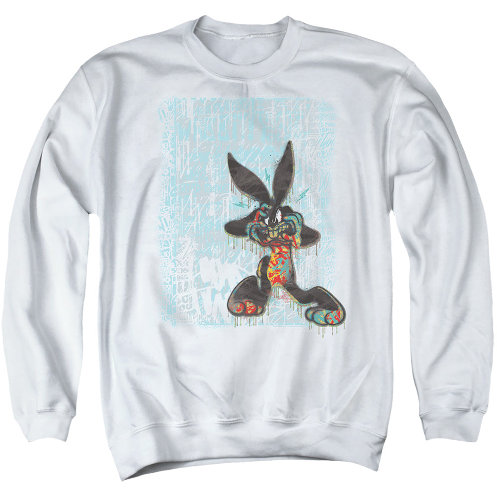AN OFFCIALLY LICENSED LOONEY TUNES GRAFFITI RABBIT ADULT UNISEX CREWNECK SWEATSHIRT WHITE