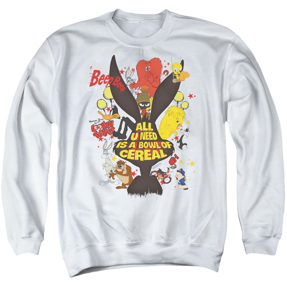 AN OFFCIALLY LICENSED LOONEY TUNES CEREAL ADULT UNISEX CREWNECK SWEATSHIRT WHITE
