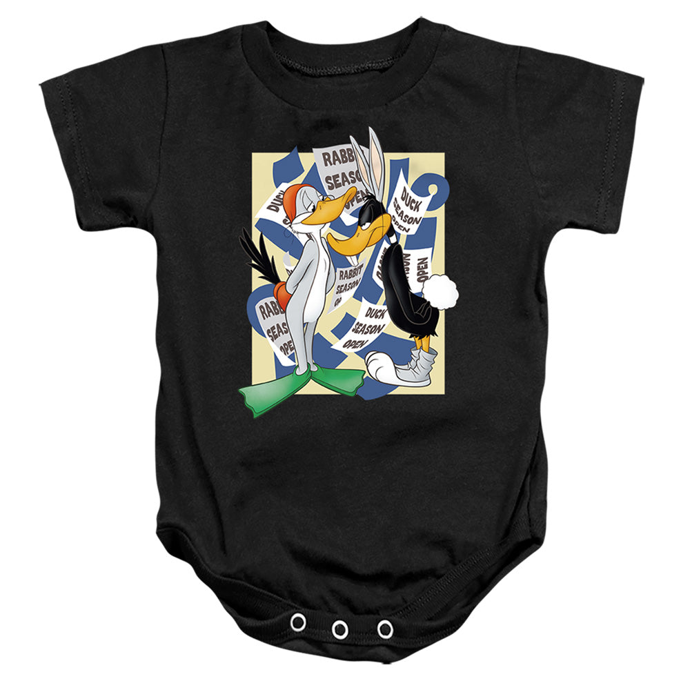 AN OFFCIALLY LICENSED LOONEY TUNES RABBIT SEASON DUCK SEASON BABY BODYSUIT BLACK