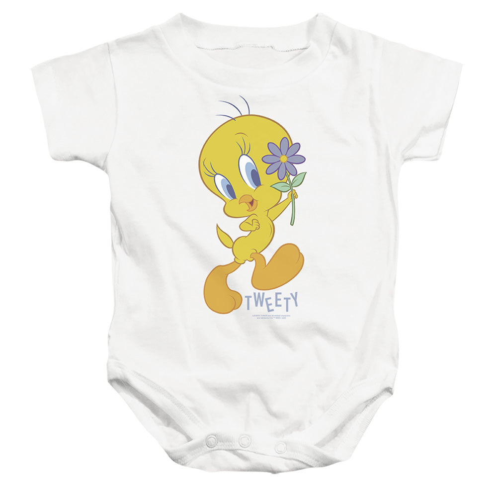 AN OFFCIALLY LICENSED LOONEY TUNES TWEETY FLOWER BABY BODYSUIT WHITE