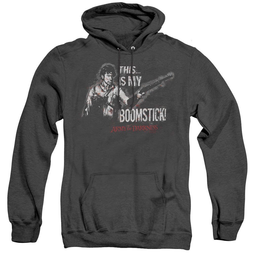 AN OFFCIALLY LICENSED ARMY OF DARKNESS BOOMSTICK ADULT UNISEX HEATHER PULLOVER HOODIE BLACK