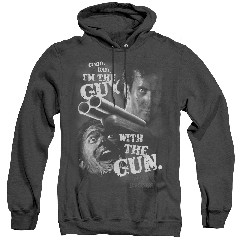 AN OFFCIALLY LICENSED ARMY OF DARKNESS GUY WITH THE GUN ADULT UNISEX HEATHER PULLOVER HOODIE BLACK