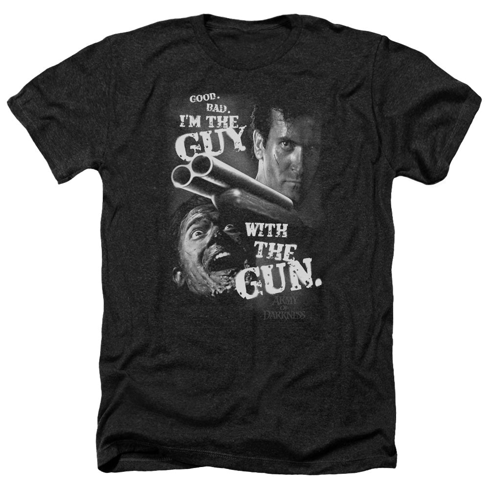 AN OFFCIALLY LICENSED ARMY OF DARKNESS GUY WITH THE GUN MEN'S HEATHER T-SHIRT CHARCOAL