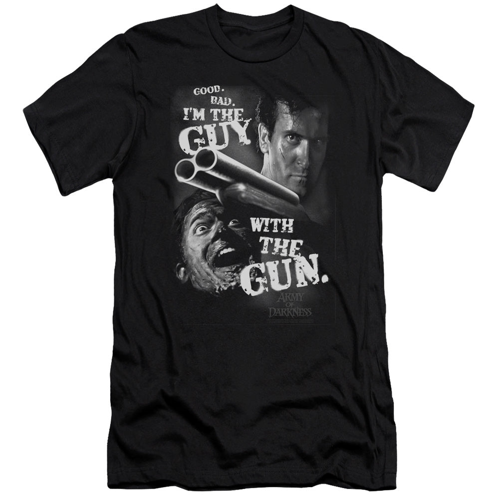 AN OFFCIALLY LICENSED ARMY OF DARKNESS GUY WITH THE GUN MEN'S PREMIUM SLIM FIT T-SHIRT BLACK