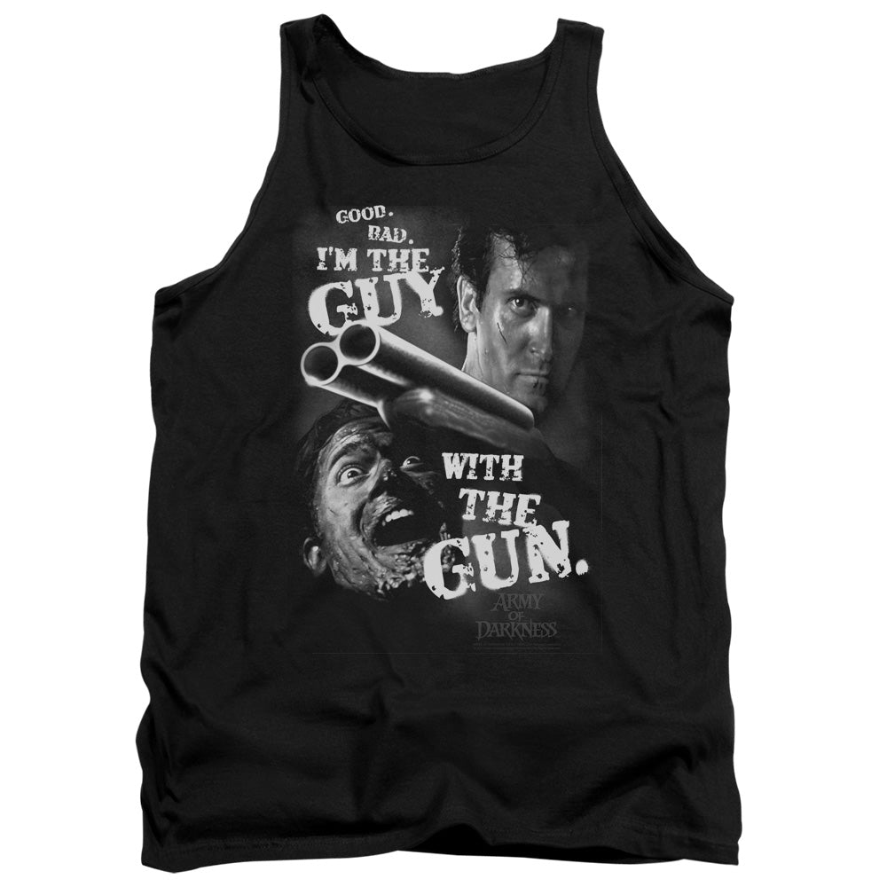 AN OFFCIALLY LICENSED ARMY OF DARKNESS GUY WITH THE GUN ADULT UNISEX TANK TOP BLACK
