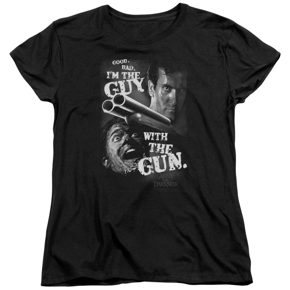 AN OFFCIALLY LICENSED ARMY OF DARKNESS GUY WITH THE GUN WOMEN'S REGULAR FIT T-SHIRT BLACK