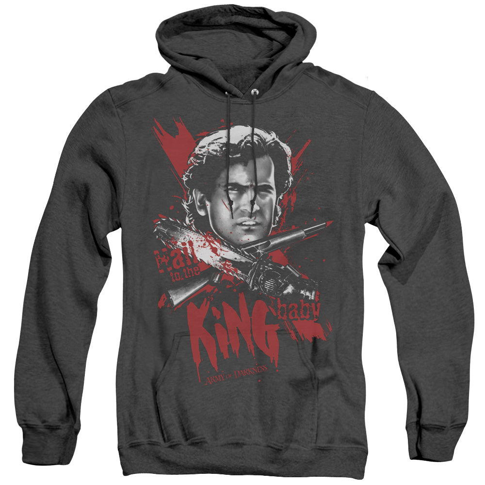 AN OFFCIALLY LICENSED ARMY OF DARKNESS HAIL TO THE KING ADULT UNISEX HEATHER PULLOVER HOODIE BLACK