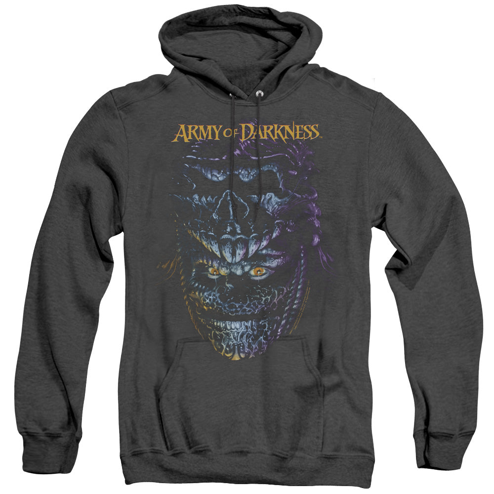 AN OFFCIALLY LICENSED ARMY OF DARKNESS EVIL ASH ADULT UNISEX HEATHER PULLOVER HOODIE BLACK