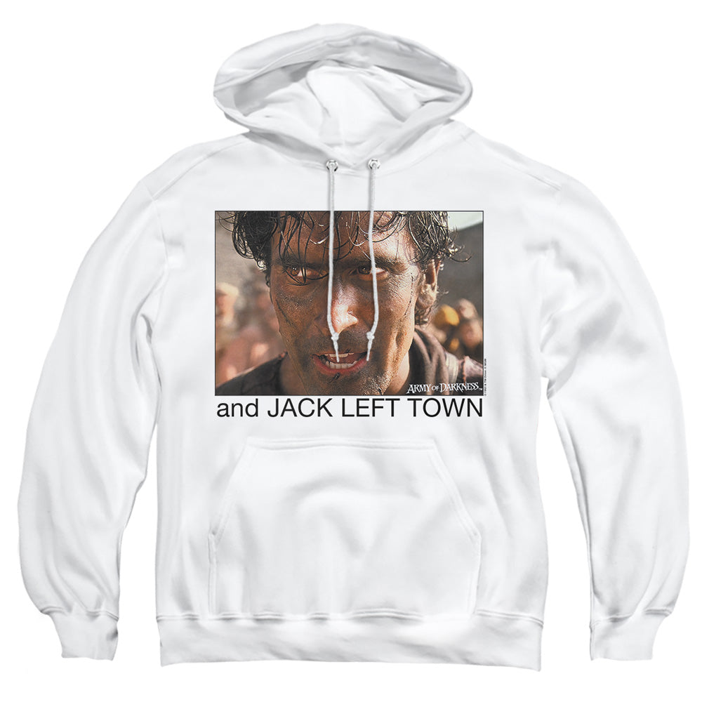 AN OFFCIALLY LICENSED ARMY OF DARKNESS JACK LEFT TOWN ADULT UNISEX PULLOVER HOODIE WHITE