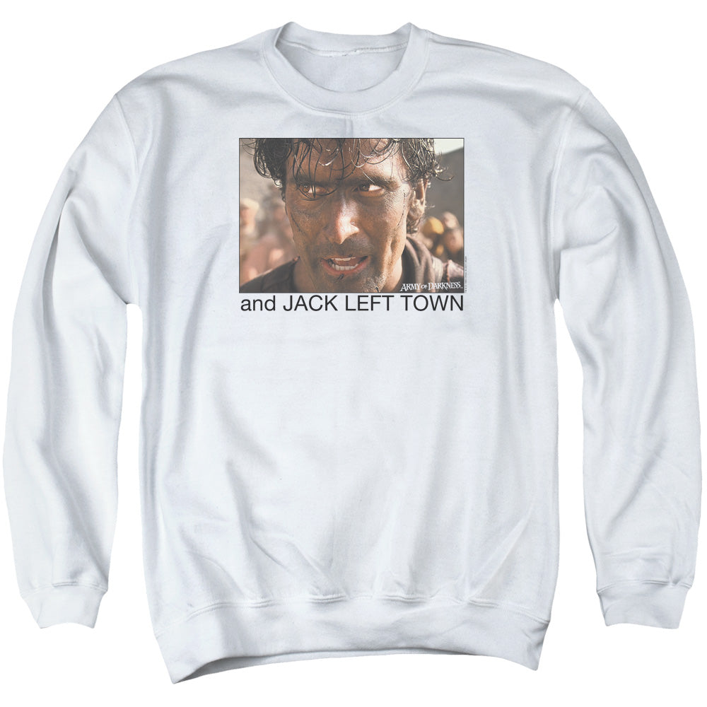 AN OFFCIALLY LICENSED ARMY OF DARKNESS JACK LEFT TOWN ADULT UNISEX CREWNECK SWEATSHIRT WHITE