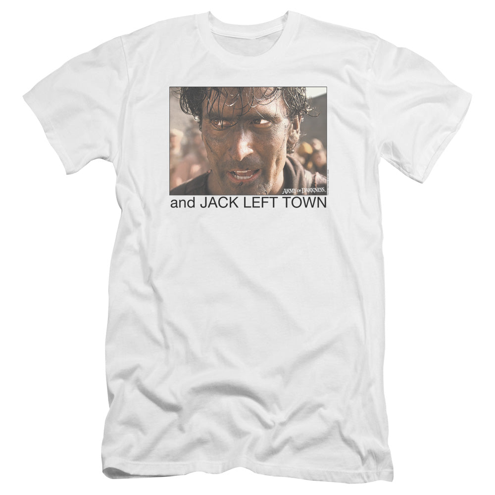 AN OFFCIALLY LICENSED ARMY OF DARKNESS JACK LEFT TOWN MEN'S PREMIUM SLIM FIT T-SHIRT WHITE
