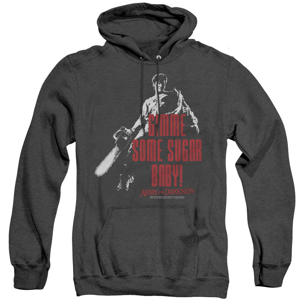 AN OFFCIALLY LICENSED ARMY OF DARKNESS SUGAR ADULT UNISEX HEATHER PULLOVER HOODIE BLACK