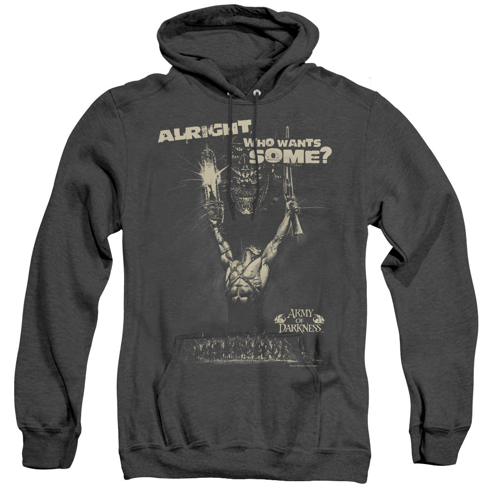 AN OFFCIALLY LICENSED ARMY OF DARKNESS WANT SOME ADULT UNISEX HEATHER PULLOVER HOODIE BLACK