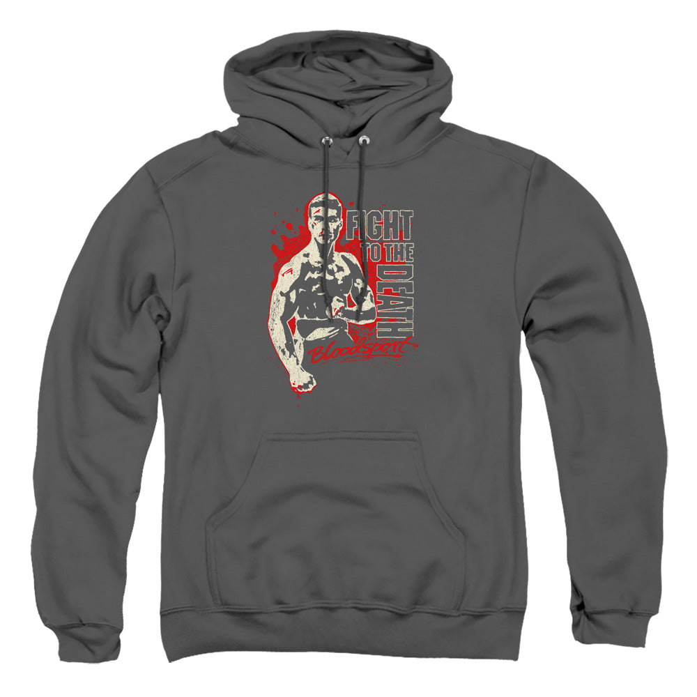AN OFFCIALLY LICENSED BLOODSPORT TO THE DEATH ADULT UNISEX PULLOVER HOODIE CHARCOAL