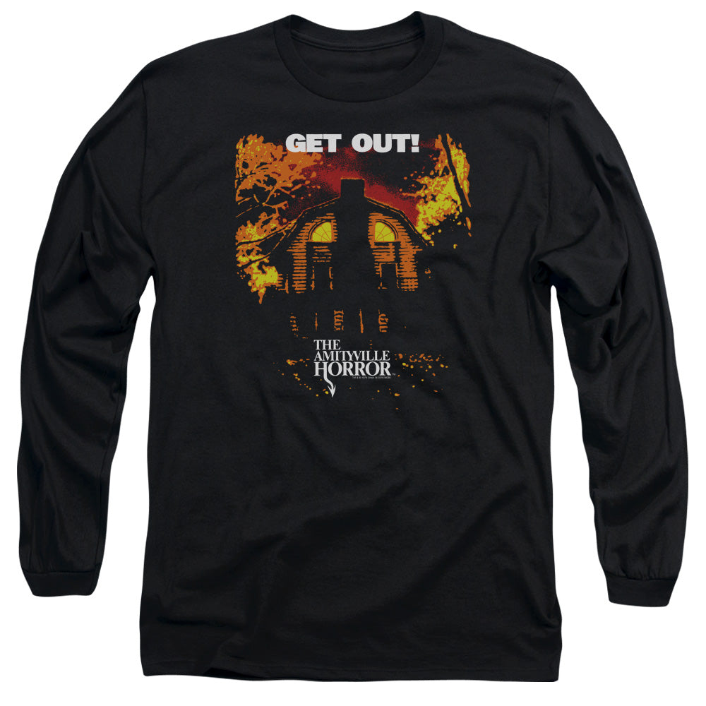 AN OFFCIALLY LICENSED AMITYVILLE HORROR GET OUT MEN'S LONG SLEEVE T-SHIRT BLACK